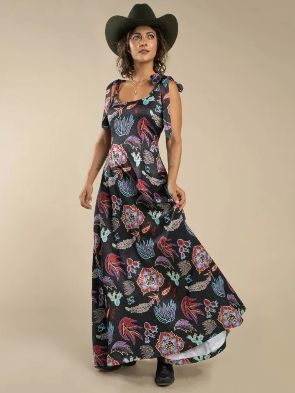 NWT! Sendero Camellia Tie Southwestern Cactus  Print Tie-Shoulder Maxi Dress